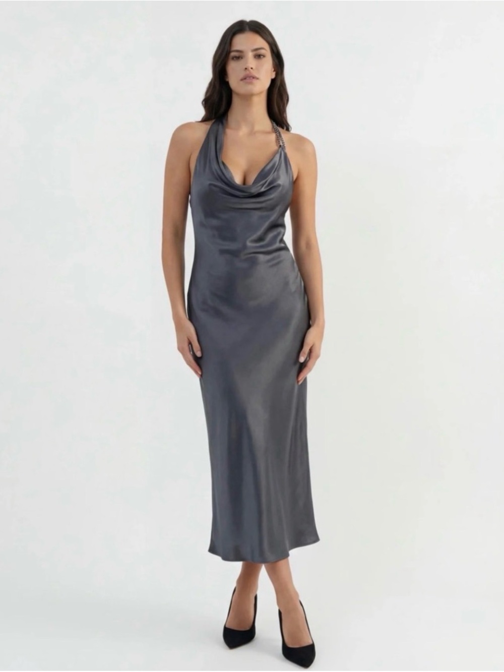Zara Charcoal Satin Cowl Halter Midi Dress